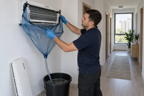 Curatarea unui aparat de aer conditionat Arctic cu husa si sac de colectare, in Bucuresti