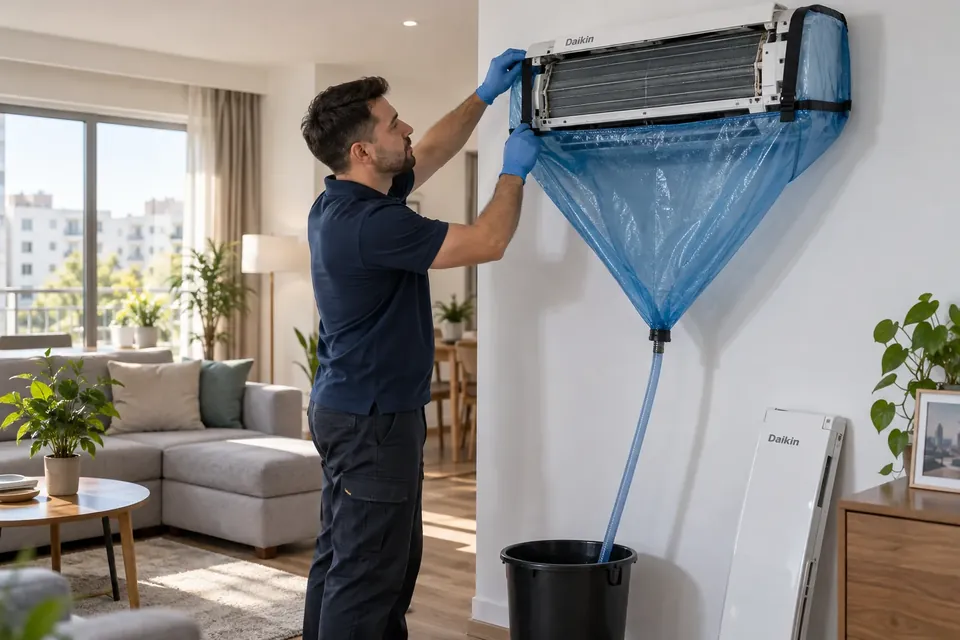 Curatarea unui aparat de aer conditionat Daikin cu husa si sac de colectare, in Bucuresti