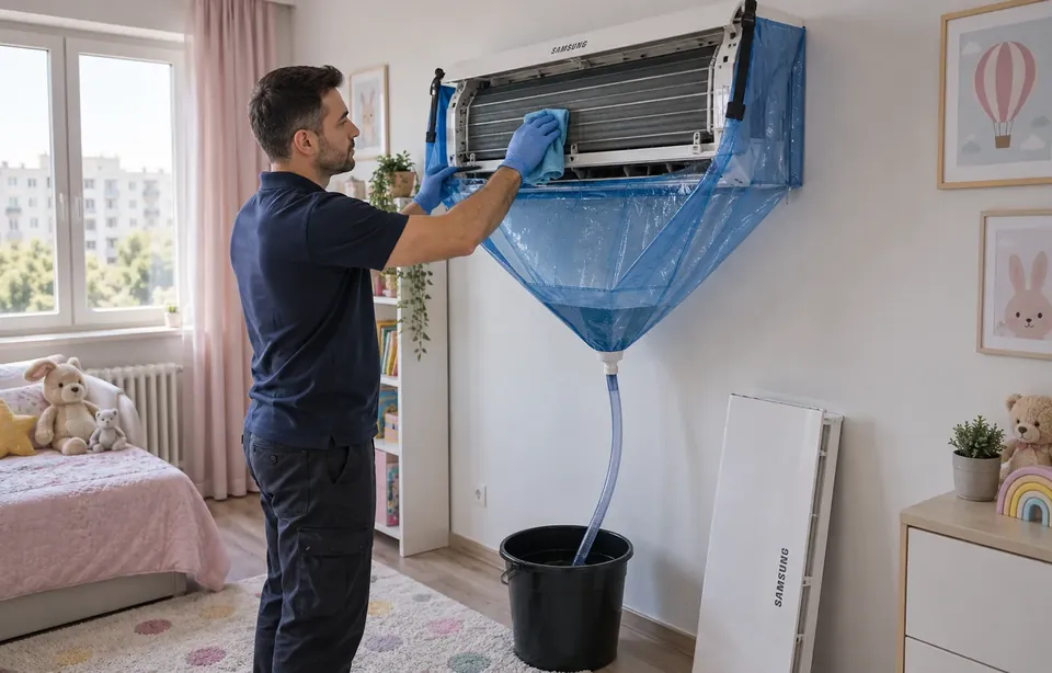 Curatarea unui aparat de aer conditionat Samsung cu husa si sac de colectare, in Bucuresti