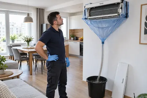 Curatarea unui aparat de aer conditionat Tesla cu husa si sac de colectare, in Bucuresti