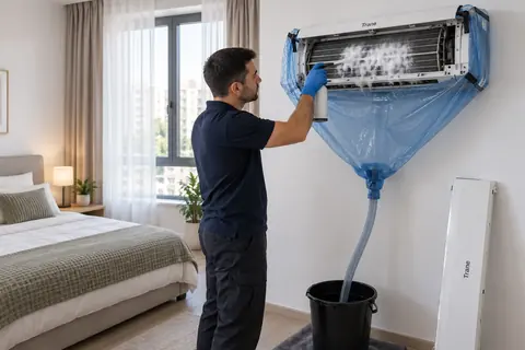 Curatarea unui aparat de aer conditionat Trane cu husa si sac de colectare, in Bucuresti